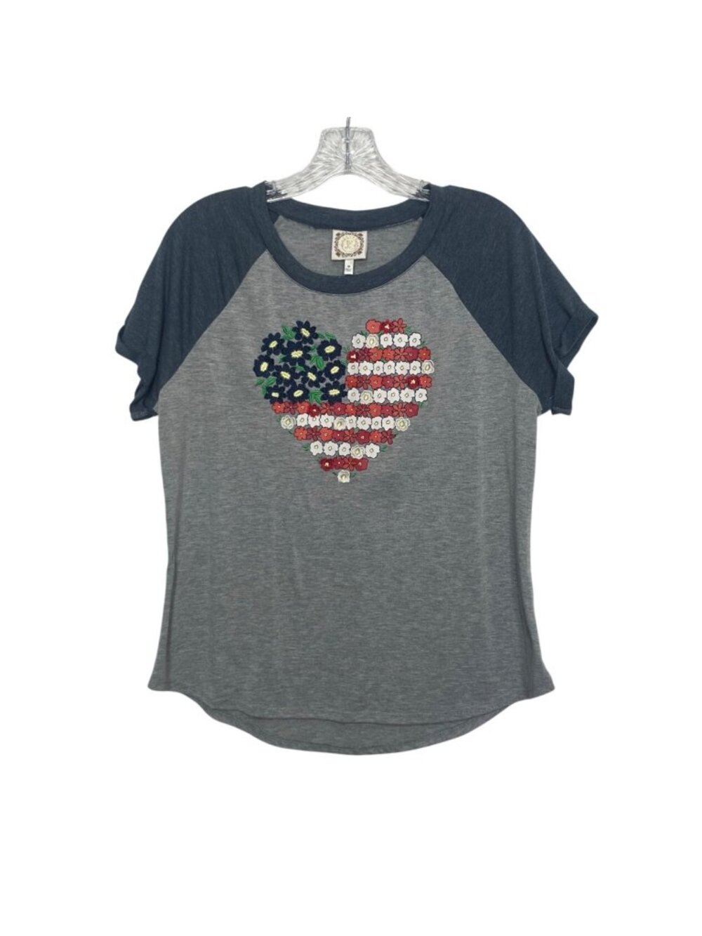 Truself Raglan Graphic Tshirt Floral Heart American Flag Medium Blue Gray